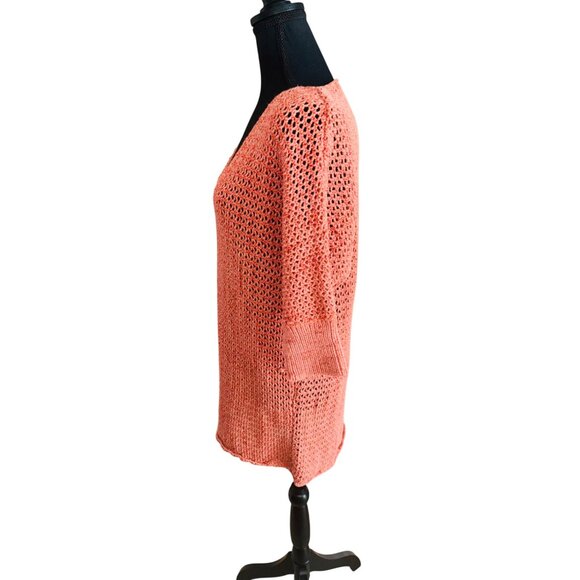 Sundance Loose Knit Coral VNeck Sweater Tunic 3/4 Sleeve Boho Cottage Core Beach - Picture 5 of 7